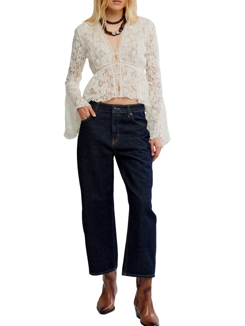 Free People Cream Lace Peplum Top